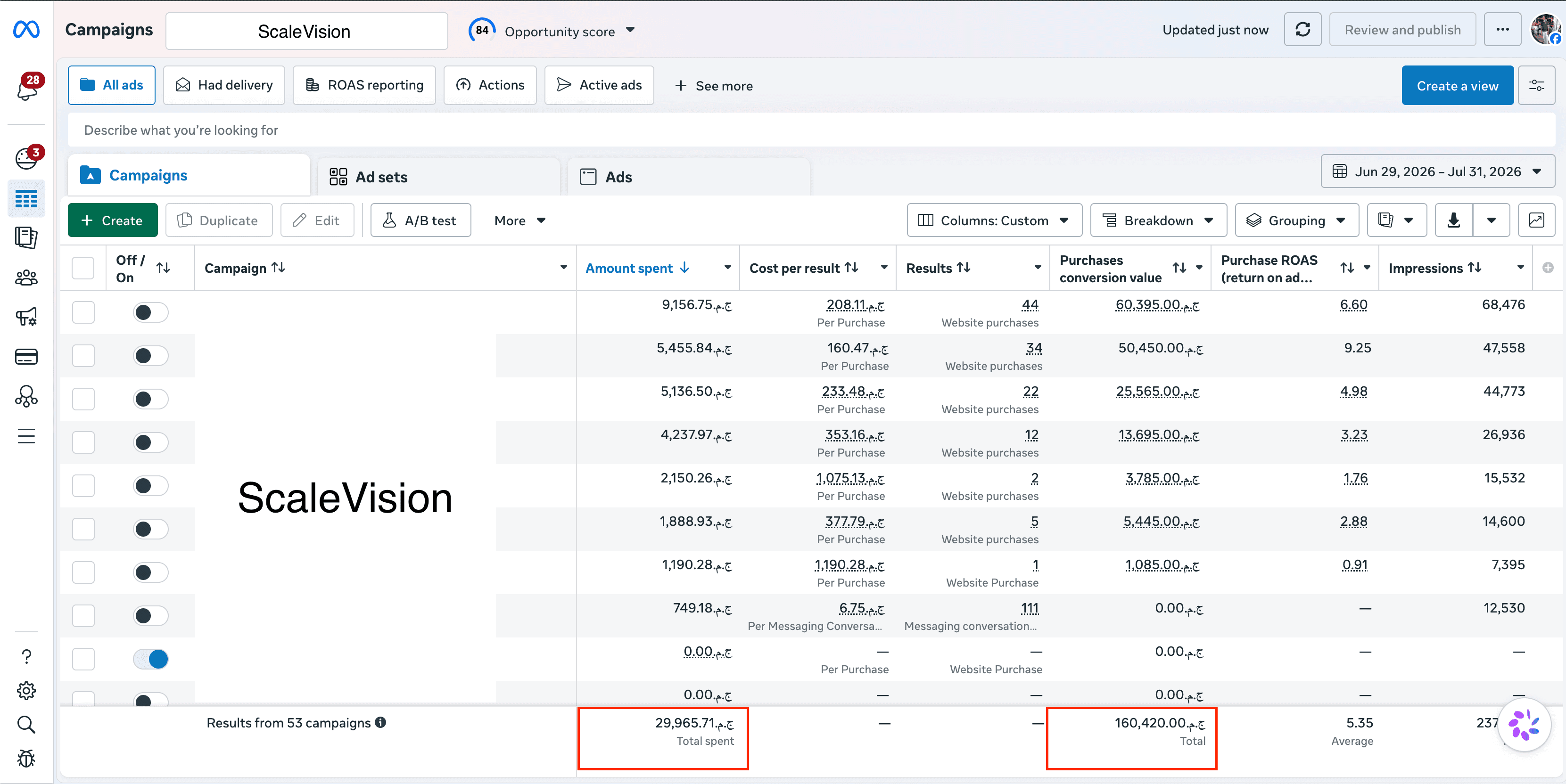 After — one consolidated account (29 Jun – 31 Jul): EGP 29,966 spent, 120 purchases, 5.35 ROAS.