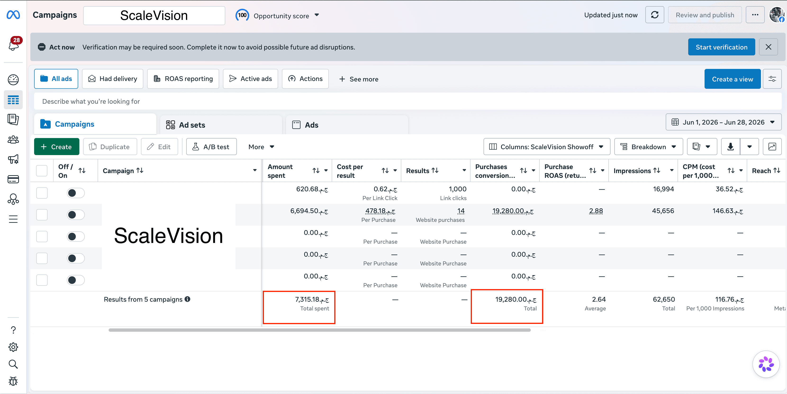 Before — the second ad account over the same window: EGP 7,315 spent, 14 purchases, 2.64 ROAS. One budget split across two competing accounts.